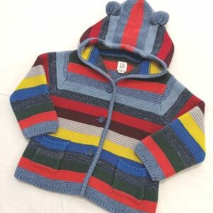 美品【babyGAP】マルチボーダー　耳付き　肉厚カーディガン