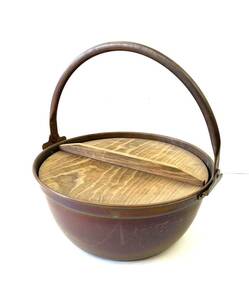■大型 山菜鍋 純銅 銅鍋 木製蓋付 料理鍋 料理 囲炉裏 いろり鍋 直径：約37cm 昭和 レトロ