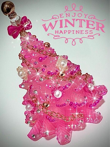 handmadeツリー／蓄光ピンク･8×11 レジン クリスマスツリー オブジェアクセサリーパーツ
