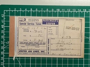 a1【ユナイテッド航空】UA United Air lines Special Service Ticket Passenger Coupon 1957 昭和32年 特別サービス券