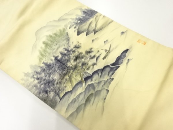 ys6924837; Sou Sou Oeuvre d'artiste Chaîne de montagnes peinte à la main avec des arbres et des maisons motif paysage Nagoya obi (matériau) [Antique] [Usure], Kimono femme, kimono, antique, autres