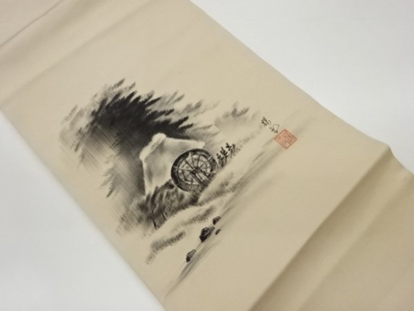 ys6932467; Sou Sou Obra del artista Shiose casa pintada a mano con rueda hidráulica, patrón de plantas y paisajes Nagoya obi [vistiendo], banda, Nagoya Obi, Confeccionado