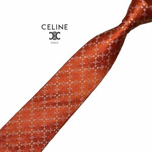 ★美品★ CELINE 高級ネクタイトリオンフ柄 パターン柄 オレンジ系 USED セリーヌ ネコポス可 中古 t742