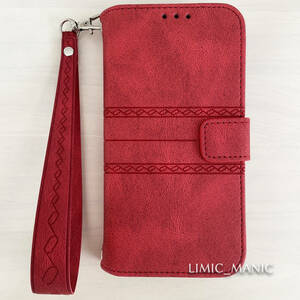 iPhone 13 / 14 スマホ ケース エスニック 手帳型 ショルダー 肩掛け 紐付き ストラップ レザー調 レッド 赤 赤色