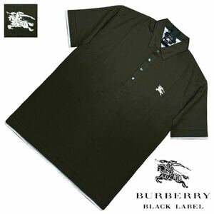 希少 新品 日本製 バーバリーブラックレーベル BIGホース刺繍 ボーダーカットソー レイヤード ポロシャツ 3/L カーキ BURBERRY BLACK LABEL