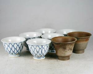 うぶだし品 栄山 作 網手 煎茶碗 ６客 藤田龍峰 作 備前 煎茶碗 ２客 まとめて８客 煎茶道具