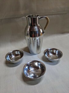 【中古美品】錫器 《福寿堂》酒器 錫製 酒器セット 盃　本錫製　4点　共箱　（美品）　　