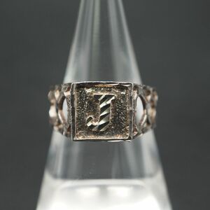 M784 Vintage STERLING stamp ring initial J Heart ... carving design silver ring 15~16 number 