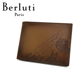 【未使用 超美品】 ベルルッティ Berluti マネークリップ付き 二つ折りカードケース 札入れ 財布 小物 カリグラフィ レザー 本革 ブラウン