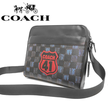 【超美品 ほぼ未使用】 コーチ COACH 斜めがけショルダーバッグ 鞄 格子柄 ワッペン レザー 本革 ブラック ブルー ネイビー ポケット多め_画像1