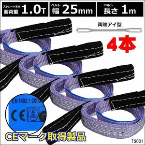 CE規格品 ナイロンベルトスリング 25mm×1m ストレート吊1T【4本セット】両端アイ型/19Б