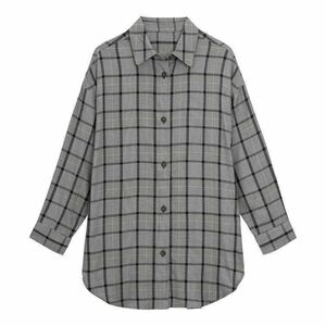 GUチェックオーバーサイズシャツ(長袖)　グレーGRAY　XLサイズ