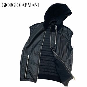 国内正規品 GiORGIO ARMANI ジョルジオ アルマーニ ラムレザー 切り替え ジップアップ フーデット ベスト ジレ エンボス ロゴ 48 ブラック