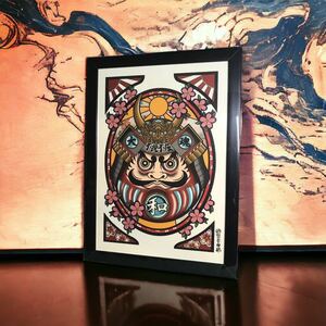 Art hand Auction Lucky charm, original illustration, Japanese pattern, Daruma, warrior, indomitable, good luck prayer, amulet, picture, frame included, A4 size, black, art frame, Handmade items, interior, miscellaneous goods, ornament, object