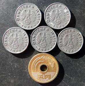 ○ナチスドイツ　5ライヒスペニヒ亜鉛貨　5枚組　