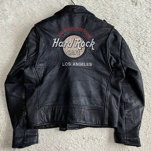 ハードロックカフェ Hard Rock Cafe ダブル ライダースジャケット Mサイズ バイカー バッグロゴ 刺繍 本革 レザー ジップ ブラック メンズ