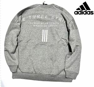 ◎034 新品 灰グレー L【adidas】アディダス ゴルフにオススメ　裏起毛保温 背面BIGロゴ クルーネック ニットジャケット