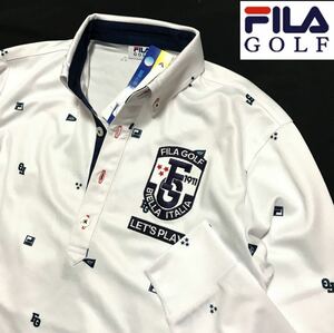 △A059新品【メンズM】白 FILA GOLF フィラ ゴルフ 吸汗速乾 UV CUT ストレッチ 飛び柄 ボタンダウン長袖ポロシャツ　