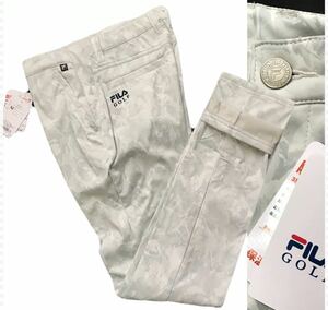 ▲B163新品【メンズM】 白 FILA GOLF フィラ ゴルフ 3層ボンディング ストレッチ テーパード パンツ 裏地　グラフィック迷彩 裾上げ可