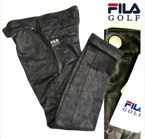 新品【メンズLL】 黒　 FILA GOLF フィラ ゴルフ 3層ボンディング ストレッチ テーパード パンツ 裏地フリース グラフィック迷彩 