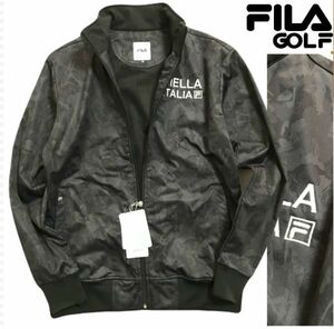 ◆H525新品 【メンズL】黒 迷彩 総柄 FILA GOLF フィラ ゴルフ ストレッチ 3層ボンディング ブルゾン フルジップ ジャケット 裏地フリース