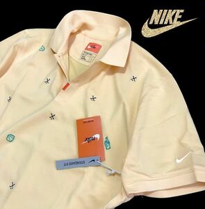 ◆H177新品【メンズL】NIKE GOLF ナイキ ゴルフ 総柄 DRI-FIT 飛び柄 半袖 ポロシャツ ゴールド　ゴルフ