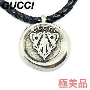 ☆極美品☆GUCCI クレスト紋章 レザー 紐 ネックレス #0289s72