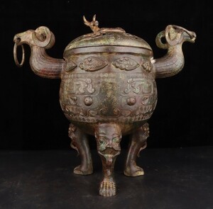 ▽鴻▽ 漢 青銅製 雙羊耳三獣足 熏香炉 置物 古賞物 中国古玩 中国古美術