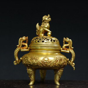▽鴻▽ 銅製 塗金 雙龍耳 三足獅蓋熏香炉 置物 古賞物 中国古玩 中国古美術