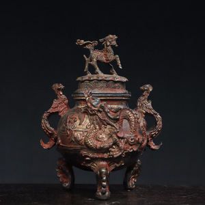 ▽鴻▽ 銅製 泥金 雙鳳耳 三足瑞獣熏香炉 置物 古賞物 中国古玩 中国古美術