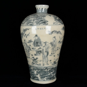 ▽鴻▽ 明 天順年製款 青花 人物故事紋 梅瓶 古陶瓷品 置物 古賞物 中国古玩 中国古美術