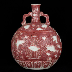 ▽鴻▽ 元 釉里紅 魚藻紋 雙耳扁瓶 古陶瓷品 置物 古賞物 中国古玩 中国古美術