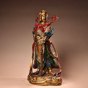 ▽鴻▽ 銅製 彩繪 描金 韋陀關公護法像 置物 古賞物 中国古玩 中国古美術