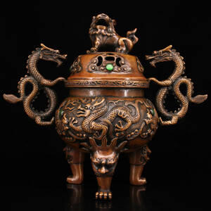 ▽鴻▽ 銅製 寶石嵌 龍耳獅蓋熏香爐 置物 古賞物 中国古玩 中国古美術