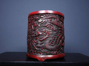 ▽鴻▽ 漆器漆彫 剔紅 龍鳳紋 筆筒 置物 古賞物 中国古玩 中国古美術