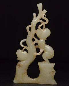 ▽鴻▽ 和田玉製 細密彫 靈猴獻寿 置物 古賞物 中国古玩 中国古美術