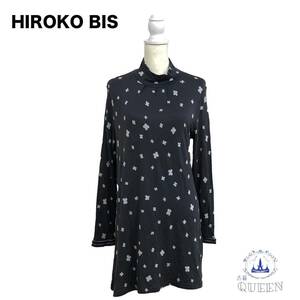 ☆美品☆ HIROKO BIS ヒロコビス トップス チュニック 長袖 ハイネック タック フレア レディース ブラック 花柄 m-22 送料無料 古着