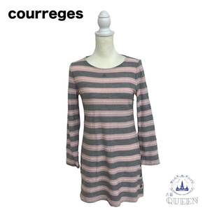 [ translation have ] Courreges Courreges tops tunic tight round neck long sleeve border Logo one Point lady's 38 made in Japan p-13