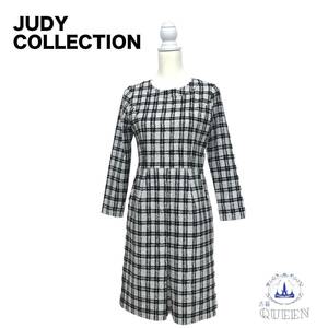 ☆美品☆ JUDY COLLECTION ワンピース ひざ丈ワンピース 長袖 クルーネック スリット ポケットあり ウエスト切り返し レディース 38 q-35