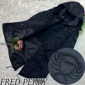 FRED PERRY フレッドペリー Mサイズ メンズ モッズコート ジップアップ 刺繍 ライナー フード ボア 黒 人気モデル 送料無料 ブラック