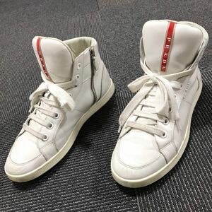 【プラダ】本物 PRADA 靴 25cm ロゴモチーフ 白 ハイカットシューズ スニーカー カジュアルシューズ サイドジッパー 本革 レザー メンズ 6