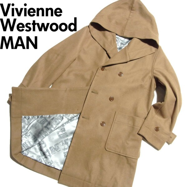 19AW Vivienne Westwood MAN ヴィヴィアンウエストウッドマン DUFFLE COAT メルトン ダッフルコート フード Pコート 44 キャメル