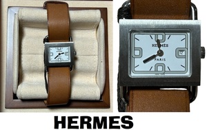 未使用HERMES エルメス 腕時計 女性 BA1.210 バレニア シルバー文字盤 スクエア レザーベルト デイト 正規品