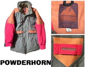 希少USA90’Sビンテージ★パウダーホーンPowderHorn★ダウンジャケット★肉厚・登山・レザー使い★カーキ★表示M実寸XL