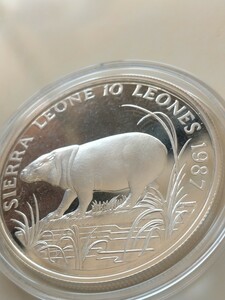 シエラレオネ 1987 10レオーネ銀貨プルーフ 25th World Wildlife Fund-Pygmy hippopotamus