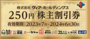 ストア出品★ヴィアホールディングス 株主優待 250円株主割引券×10枚セット★備長扇屋などで利用可★有効期限2024年6月30日★