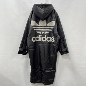 adidas/アディダス/90s/デサント社製/両面トレフォイルロゴプリント/フーデッドベンチコート/ブラック/身頃裏地ボア/M-Lサイズ