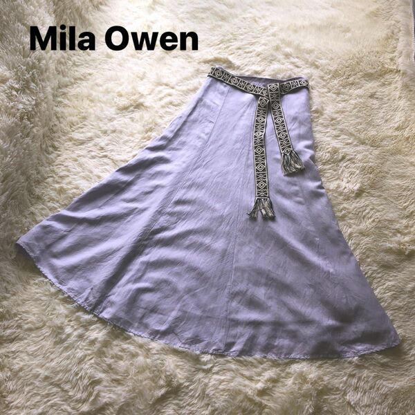 【Mila Owen】リネン混 フレアスカート トライバル柄ベルト M