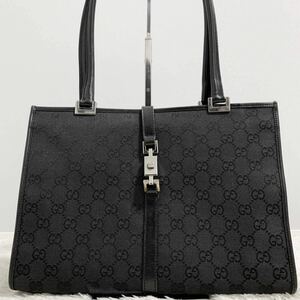 極美品 グッチ GUCCI ジャッキー ハンドバッグ トート ビジネス 肩掛け GGキャンバス シルバー金具 レザー 本革 ブラック 黒