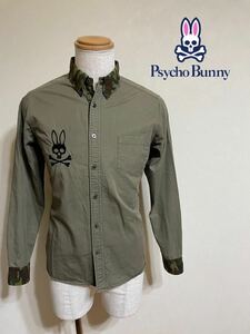 PsychoBunny サイコバニー ボタンダウンシャツ ミリタリー ビッグロゴ 刺繍 トップス サイズM 長袖 オリーブグリーン カモフラ